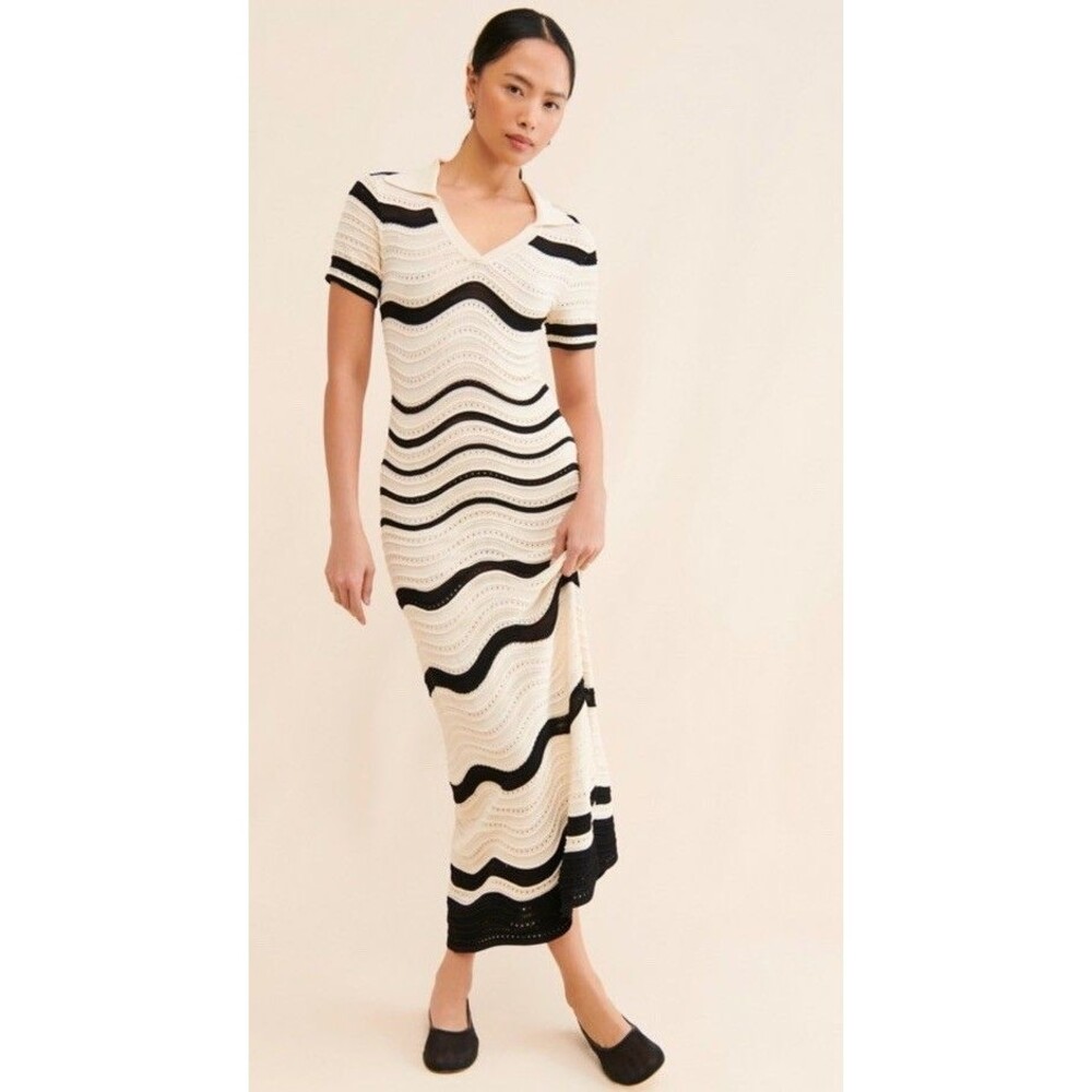 Callahan Womens M Alexandra Maxi Dress Cream Black Stripe Pointelle Knit Collar